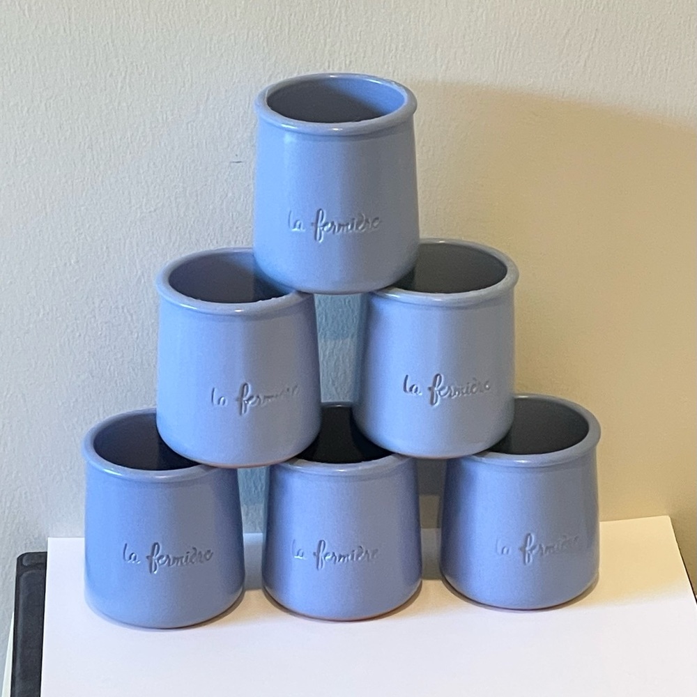 9 [Pics of 6 + 3] Blue-Lavender Fermiere French Yogurt terracotta pots.